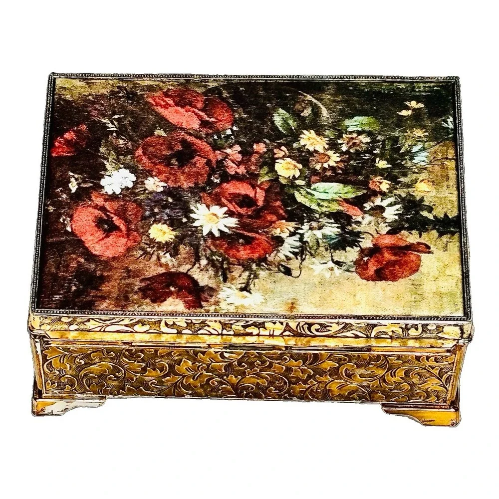 Vintage Schmid Bros Music Box Camelot Flowers Red Velvet Made In Japan Jewelry